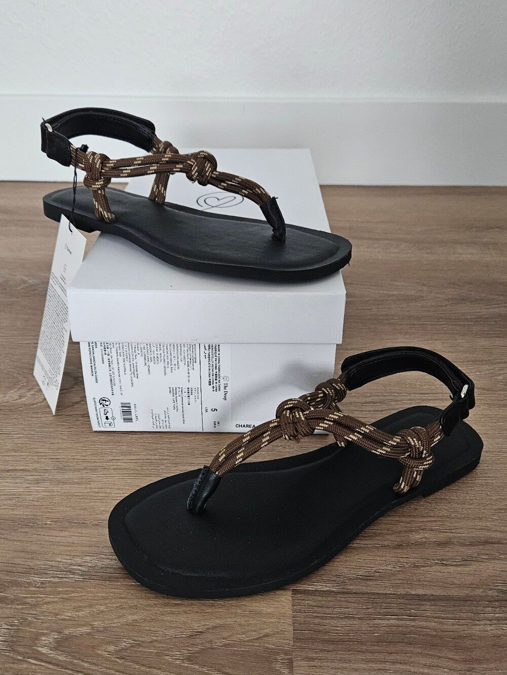 The Drop Women's Charea Rope Sandals Black with Braided Brown Straps Size 5